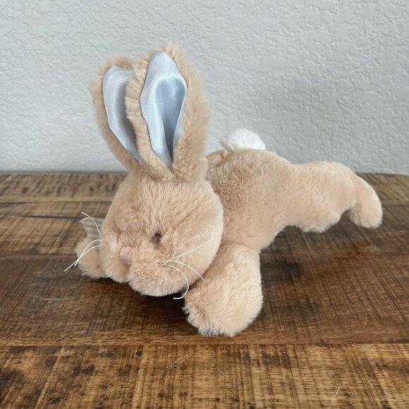 Bearington Baby Tan Bunny Rabbit Blue Satin Tummy Plush Rattle Stuffed Animal - Picture 2 of 8